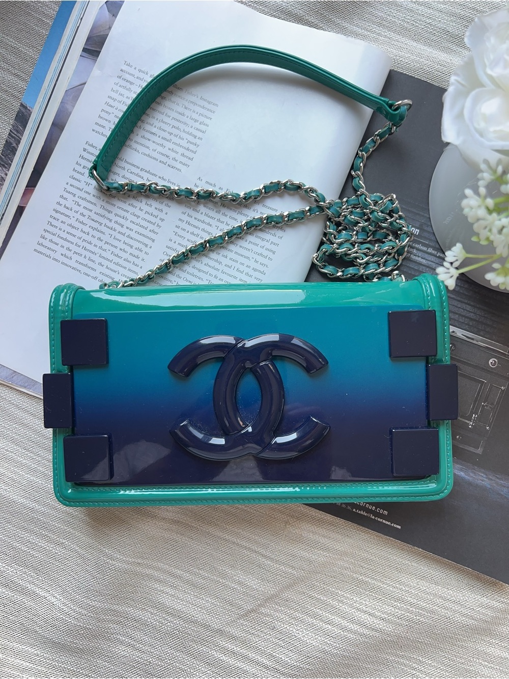 Chanel Lego Boy Brick Turquoise Iridescent Plexiglass Flap Bag